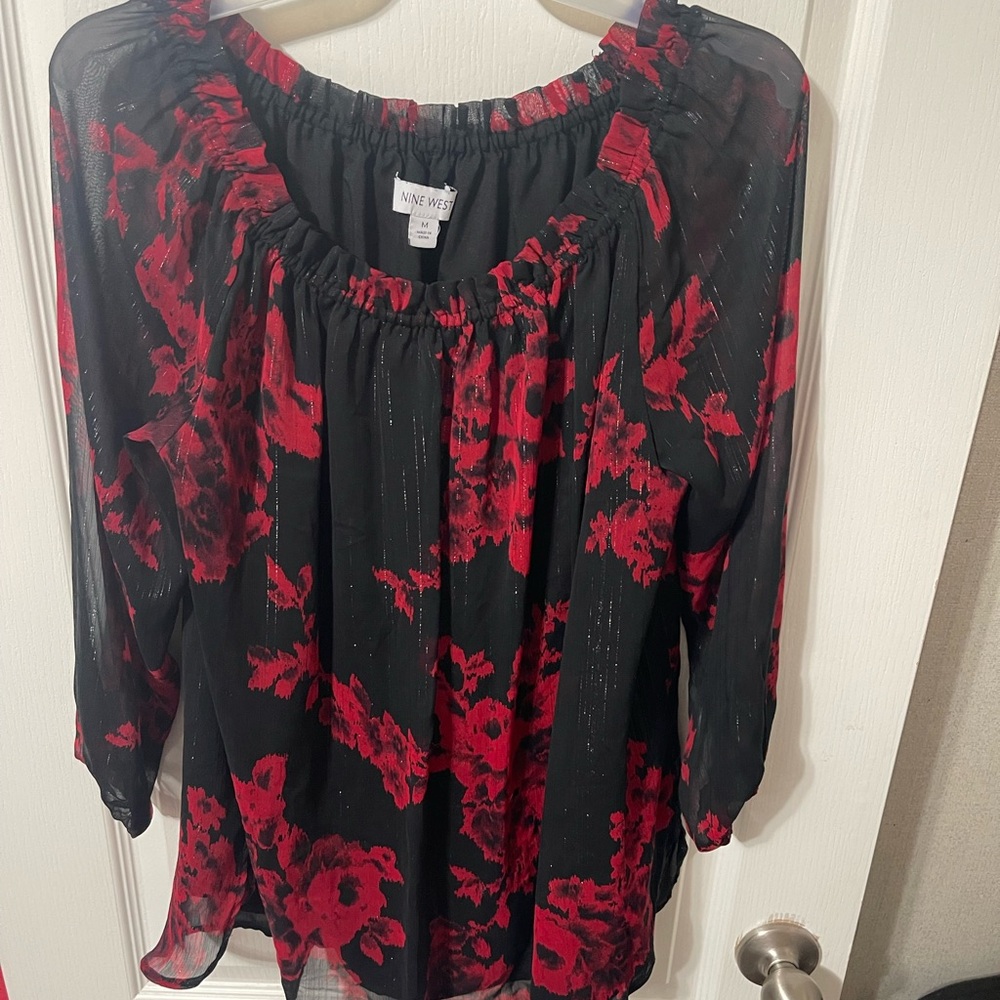 Nine West Black and Red Floral Blouse